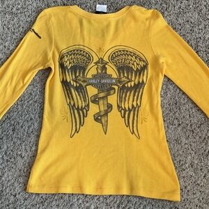 Harley-Davidson Women's Yellow Waffle Knit Long Sleeve Shirt Winged Graphic Sz M